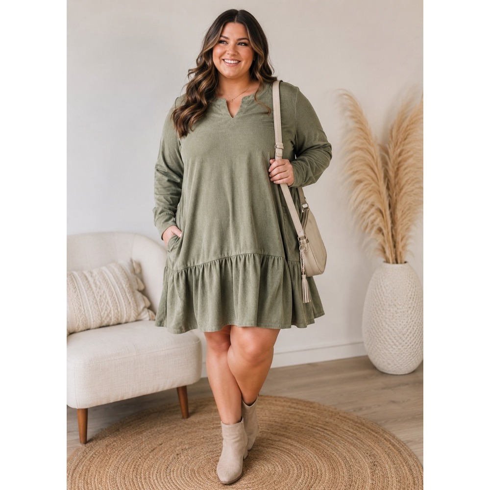 Ulla Popken Corduroy Tiered Long Sleeve Tunic Mini Dress Plus Size 20/22 Green